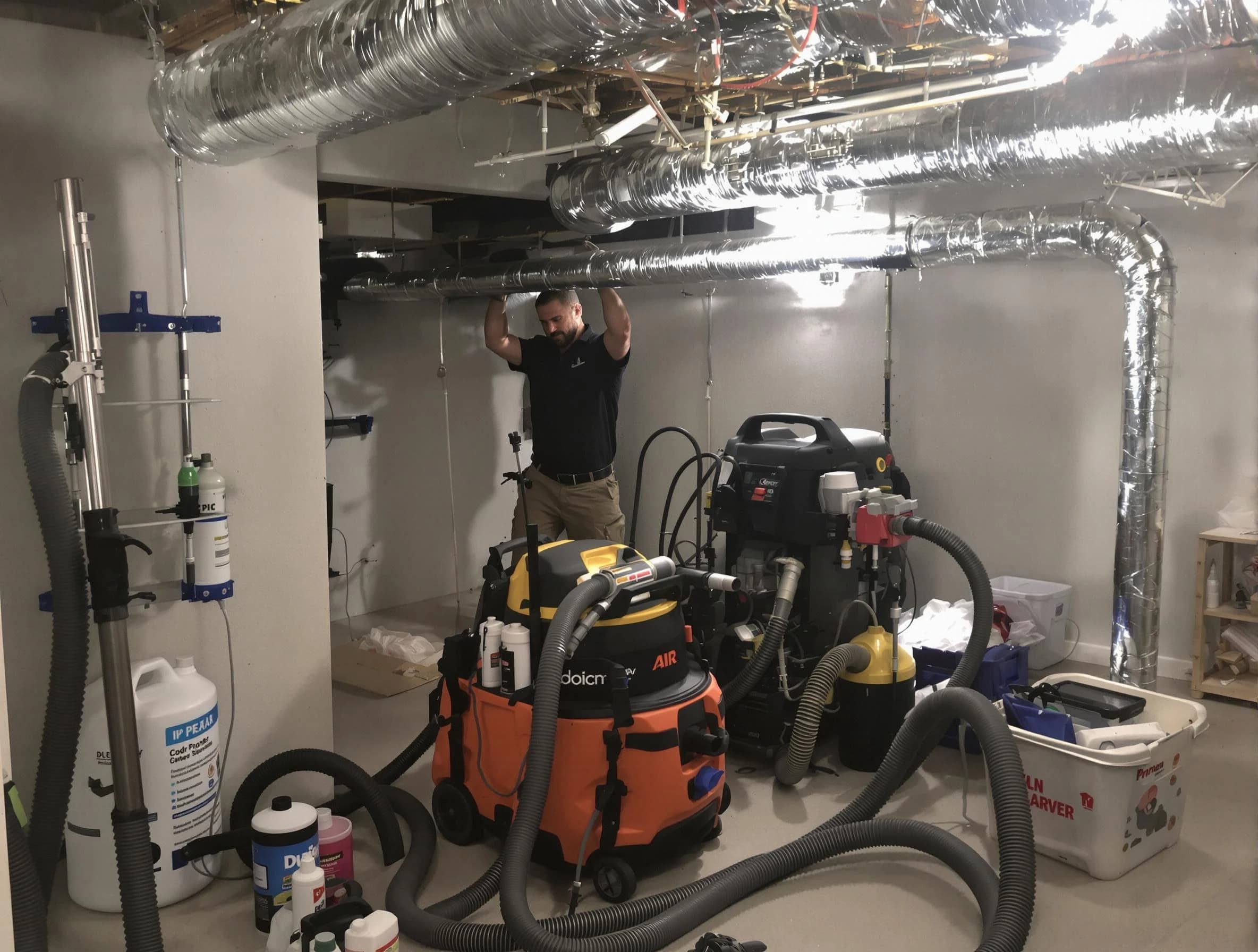 Highland Air Duct Cleaning specialist performing professional mold removal from air ducts using safety equipment in Highland