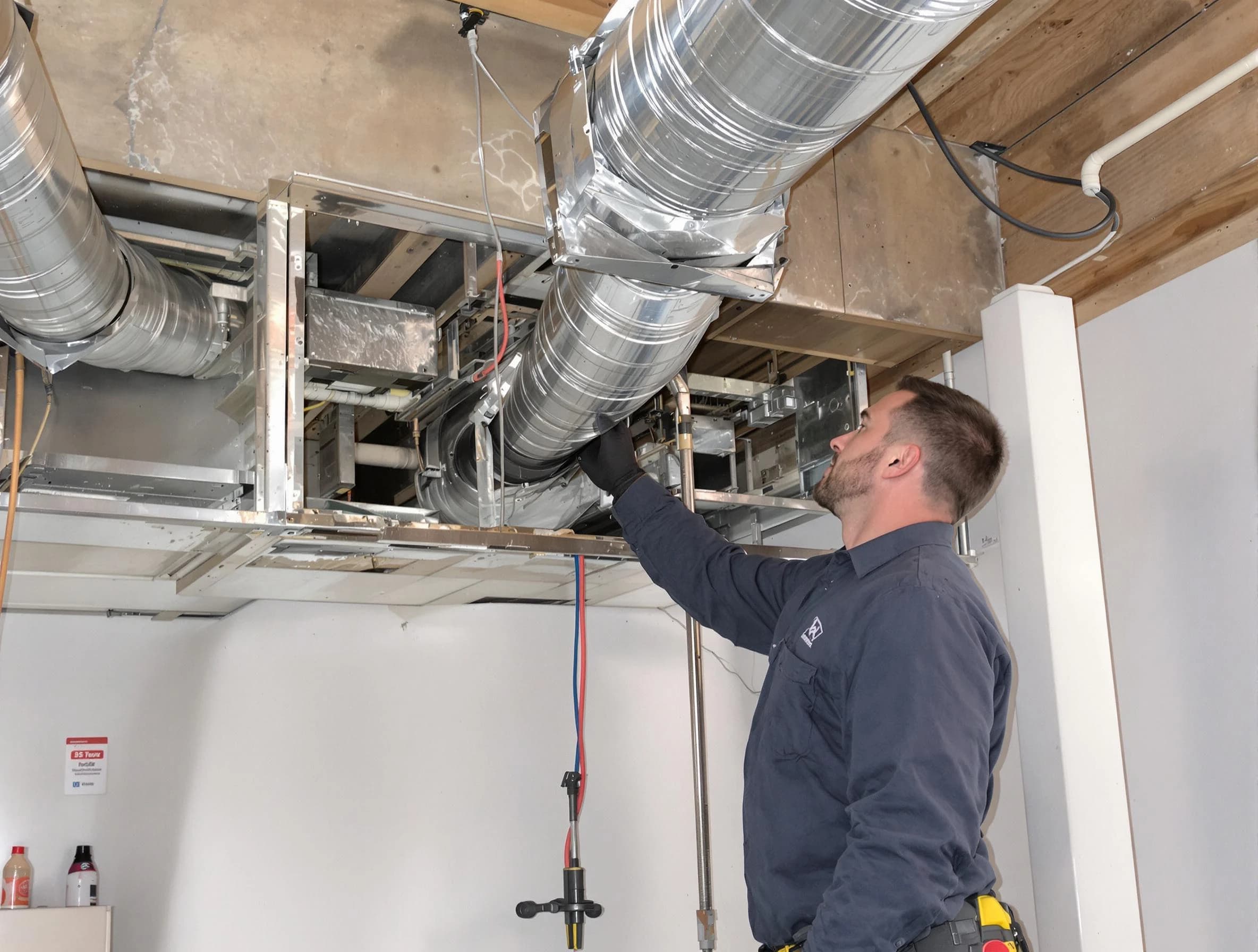 Highland Air Duct Cleaning technician performing professional air duct repair using specialized tools in Highland