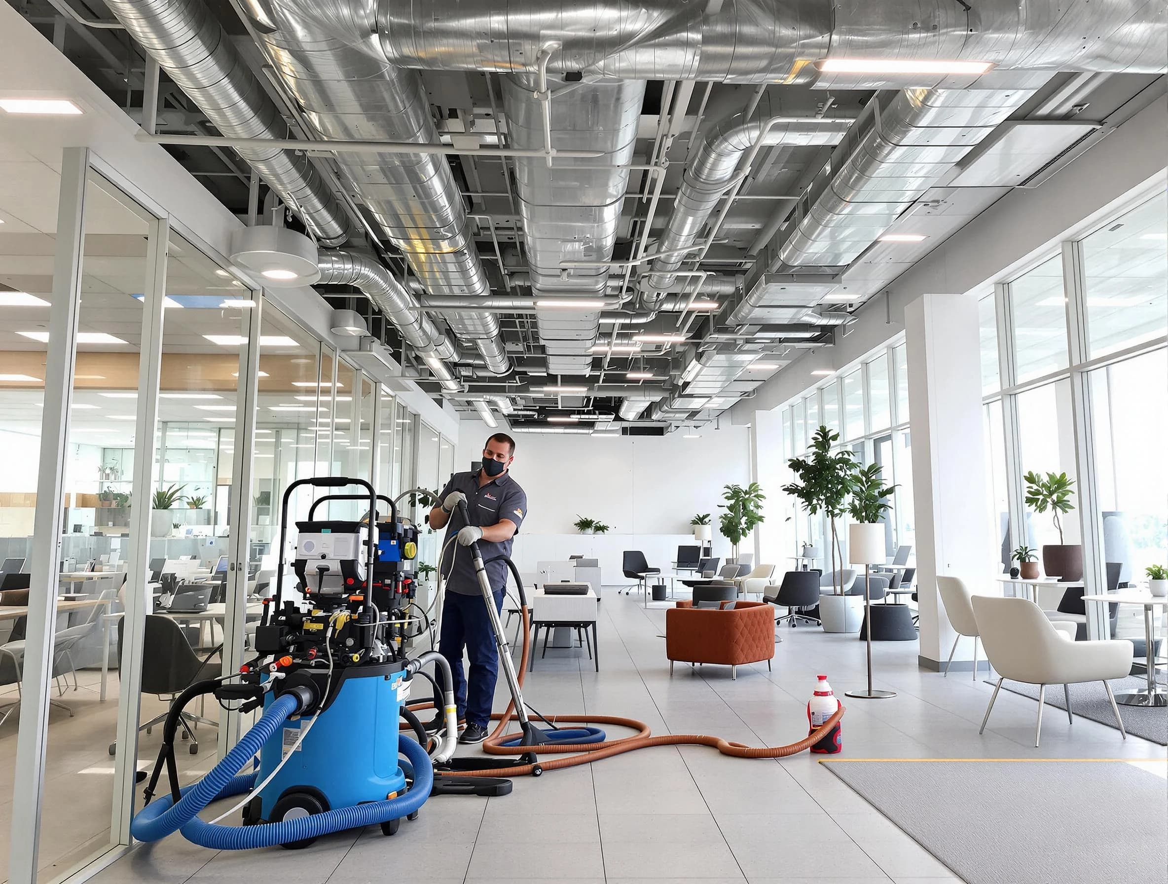 Highland Air Duct Cleaning team conducting comprehensive commercial duct cleaning at a business location in Highland