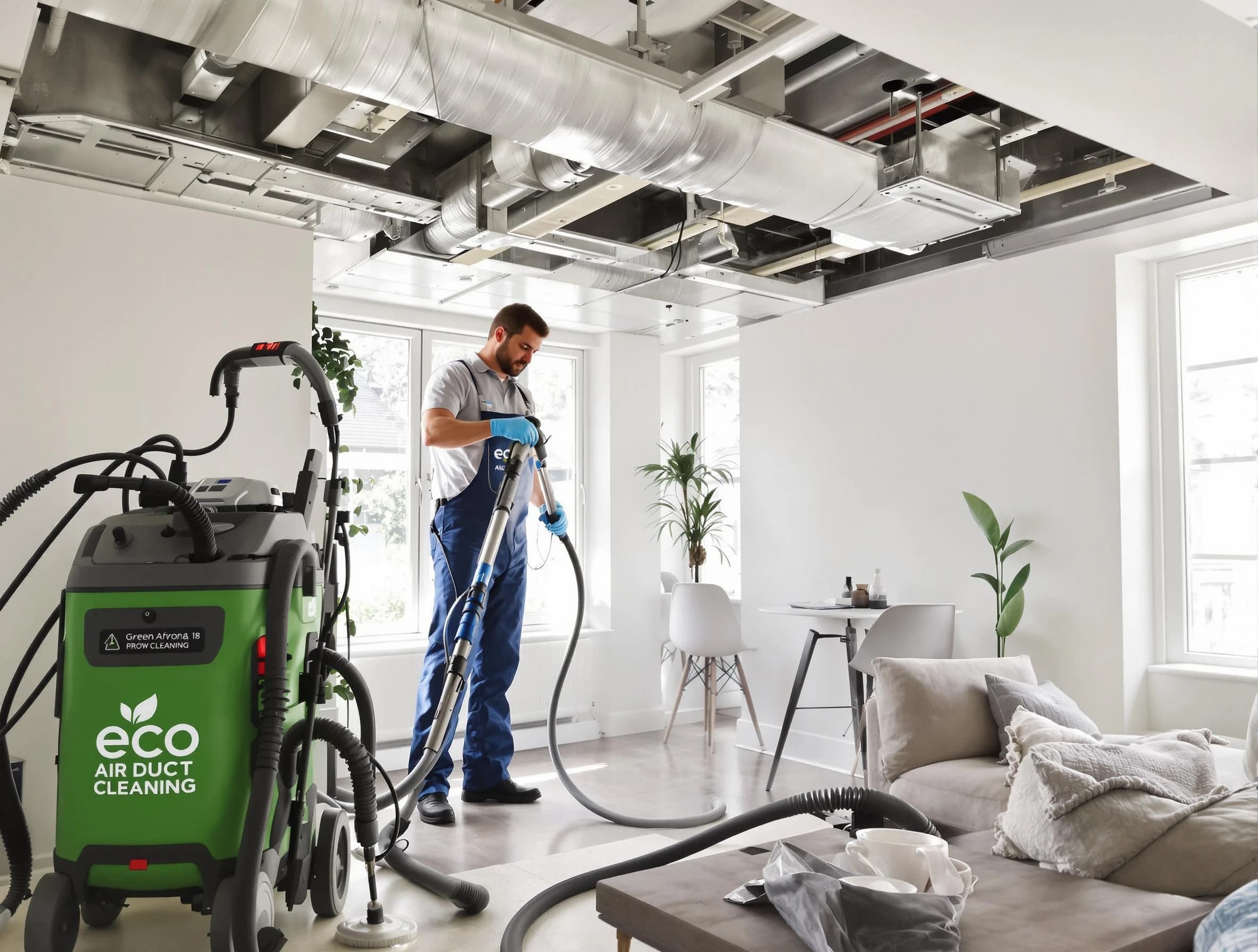 Highland Air Duct Cleaning technician performing eco-friendly duct cleaning using sustainable methods in Highland