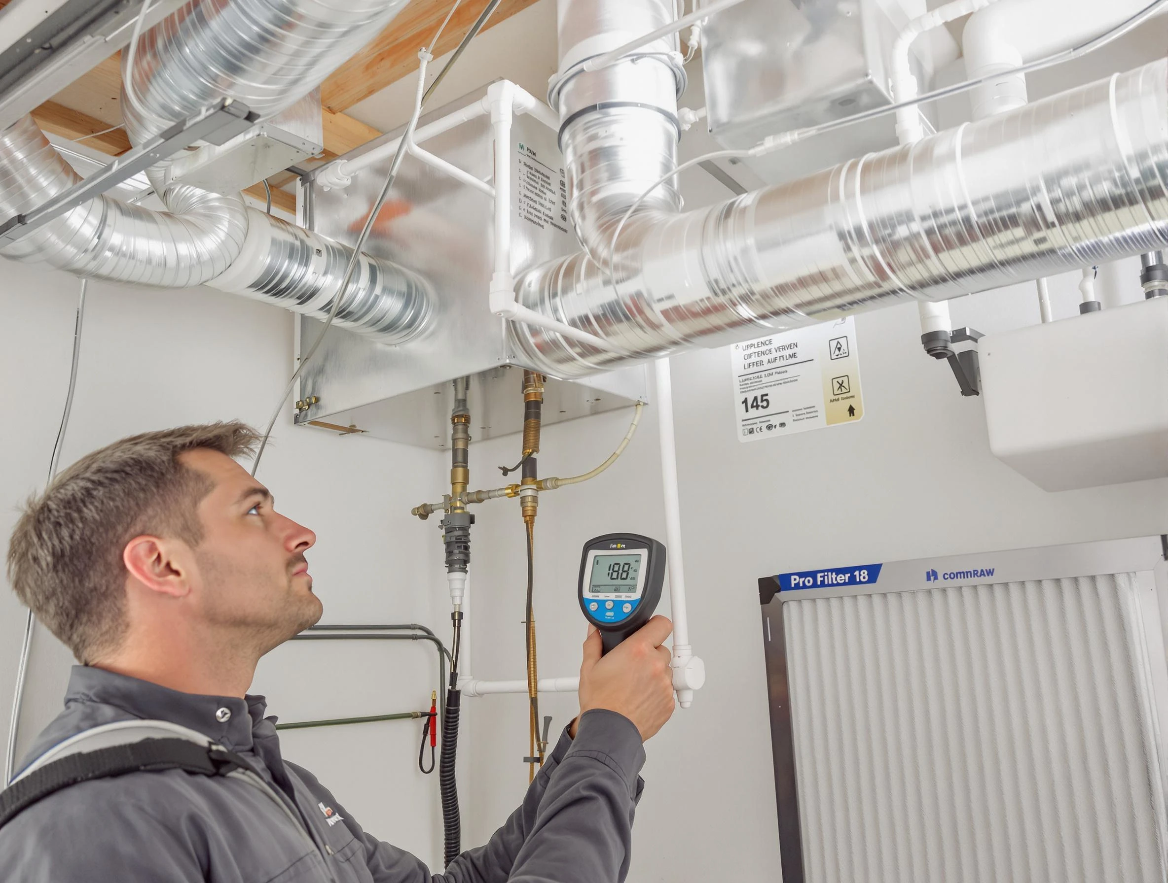 Highland Air Duct Cleaning expert conducting detailed filter system inspection using diagnostic tools in Highland